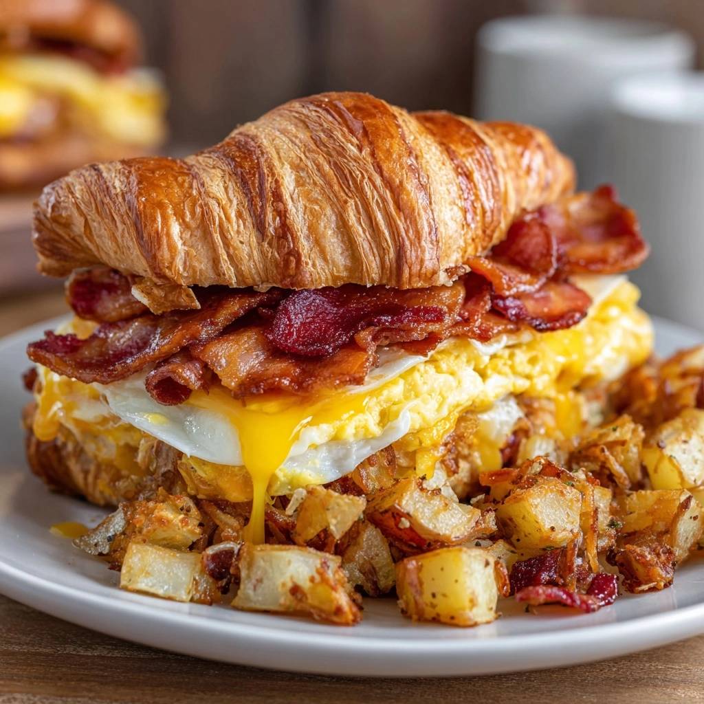 Croissant Bacon-Ei-Käse-Sandwich in Nahaufnahme mit fließendem Eigelb, serviert mit knusprigen Bratkartoffeln auf einem weißen Teller.