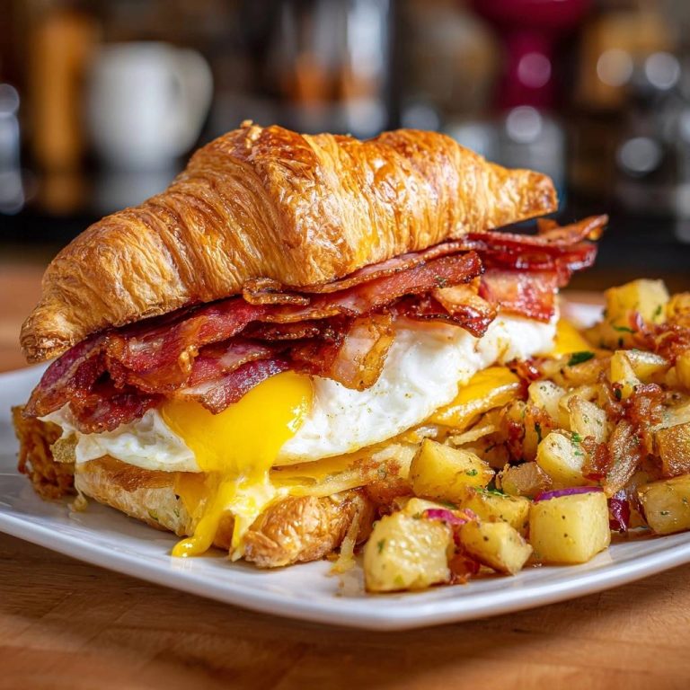Croissant Bacon-Ei-Käse-Sandwich in Nahaufnahme mit knusprigem Speck und einem perfekt pochierten Ei, serviert mit Bratkartoffeln.