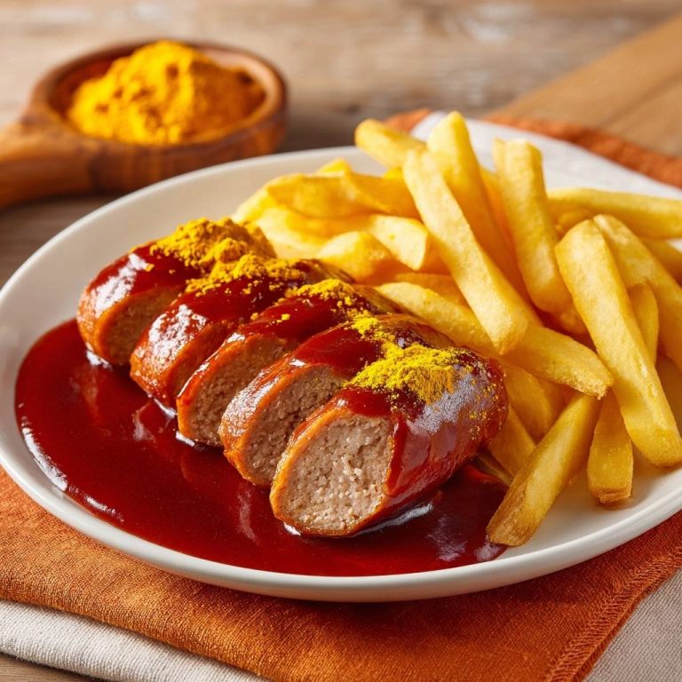 Currywurst mit Pommes, serviert auf einem Teller. Die saftige Wurst ist in Scheiben geschnitten, mit Currypulver bestreut und von Ketchup umgeben.
