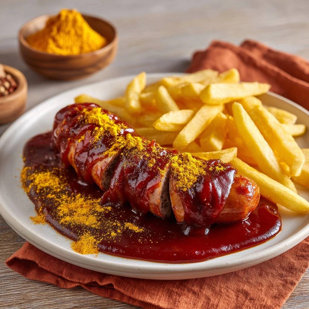 Currywurst mit Pommes serviert auf einem weißen Teller, angerichtet mit Currypulver und Pommes Frites. Ein herzhaftes Gericht, perfekt für den Genuss.