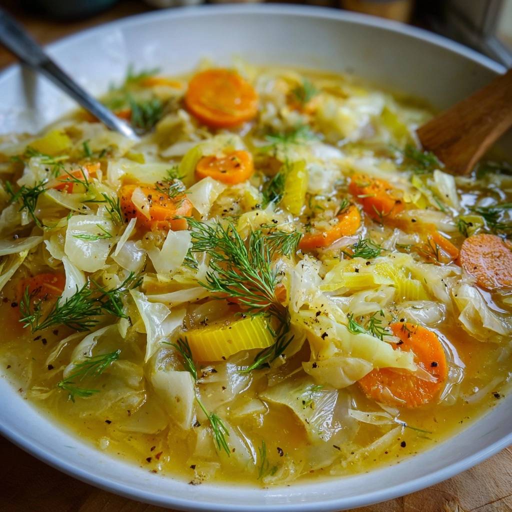 Dillige Kohl-Karotten-Suppe in einer Schüssel serviert, garniert mit frischem Dill und Karottenscheiben, bereit zum Genießen.