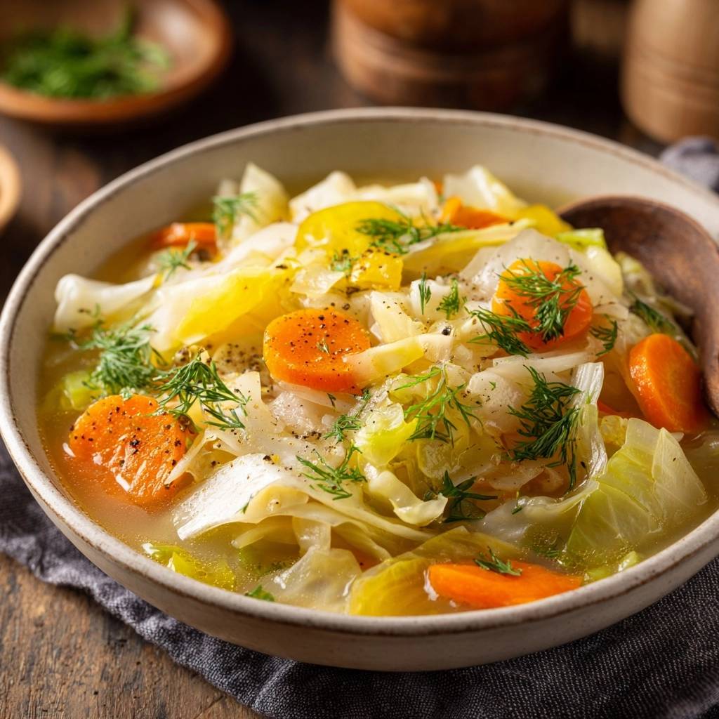 Dillige Kohl-Karotten-Suppe serviert in einer rustikalen Schüssel, garniert mit frischem Dill und Pfeffer. Das herzhafte Gericht ist ein Genuss.