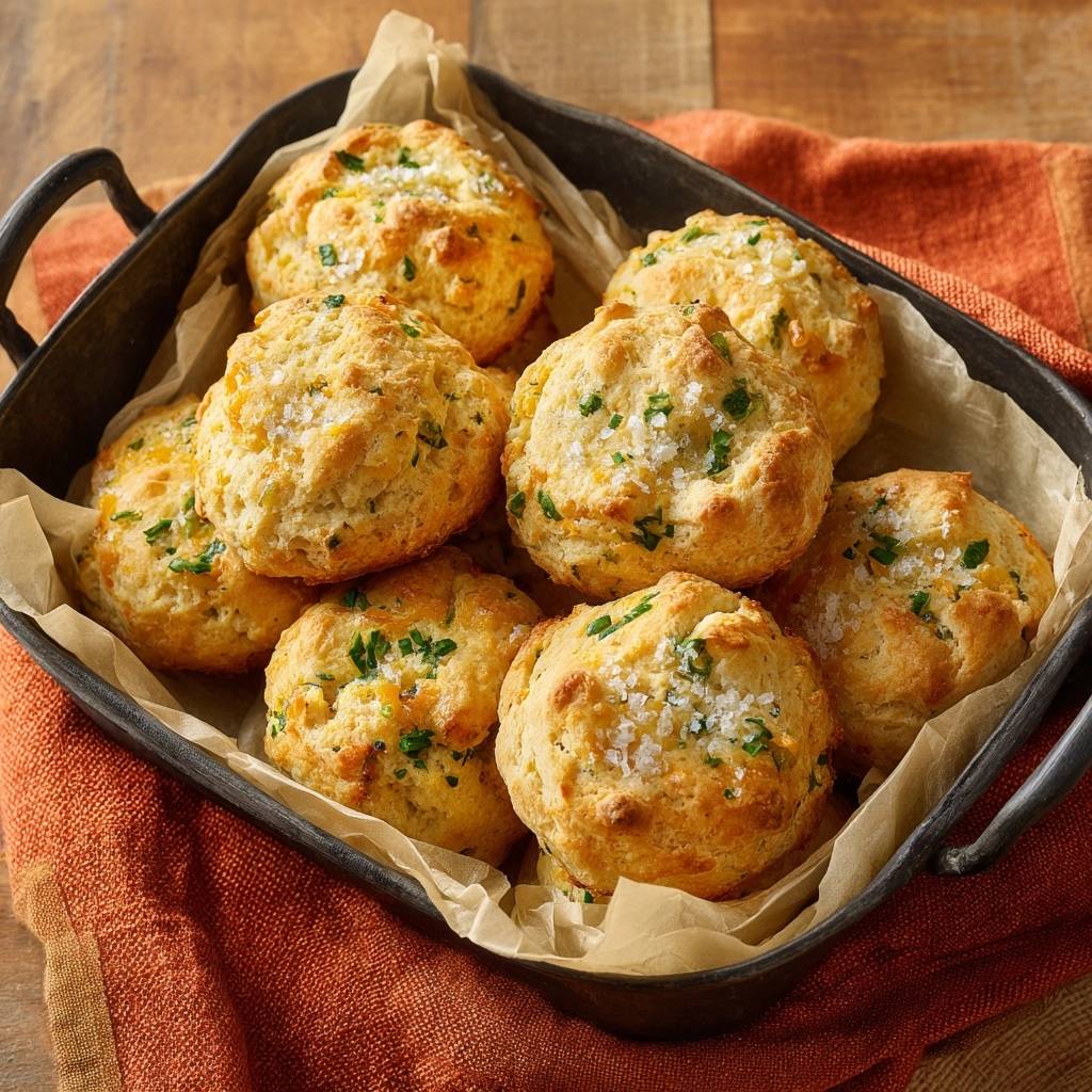 Fluffige Käse-Petersilien-Brötchen in einer rustikalen Schale, von oben betrachtet, mit frischen Kräutern und grobem Salz.