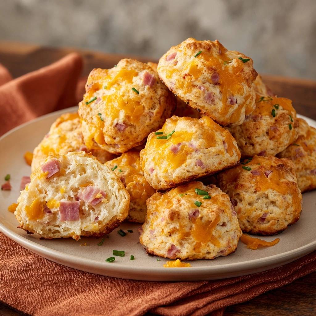 Fluffige Käse-Schinken-Biscuits mit einem Anschnitt, der die saftige Innenseite mit Schinken- und Käse-Stückchen zeigt.