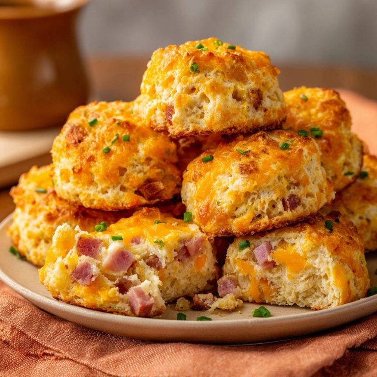 Fluffige Käse-Schinken-Biscuits mit einem Anschnitt, der die saftige Textur und den geschmolzenen Käse zeigt. Diese herzhaften Biscuits sind perfekt für ein Frühstück.