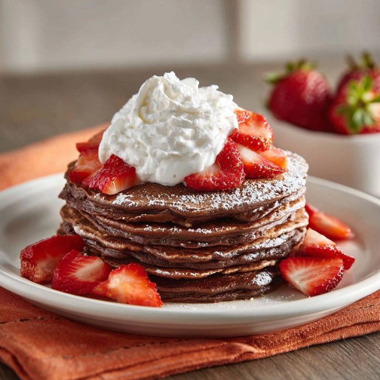 Fluffige Schoko-Pfannkuchen mit Erdbeeren serviert auf einem weißen Teller, garniert mit frischen Erdbeerscheiben und Schlagsahne.
