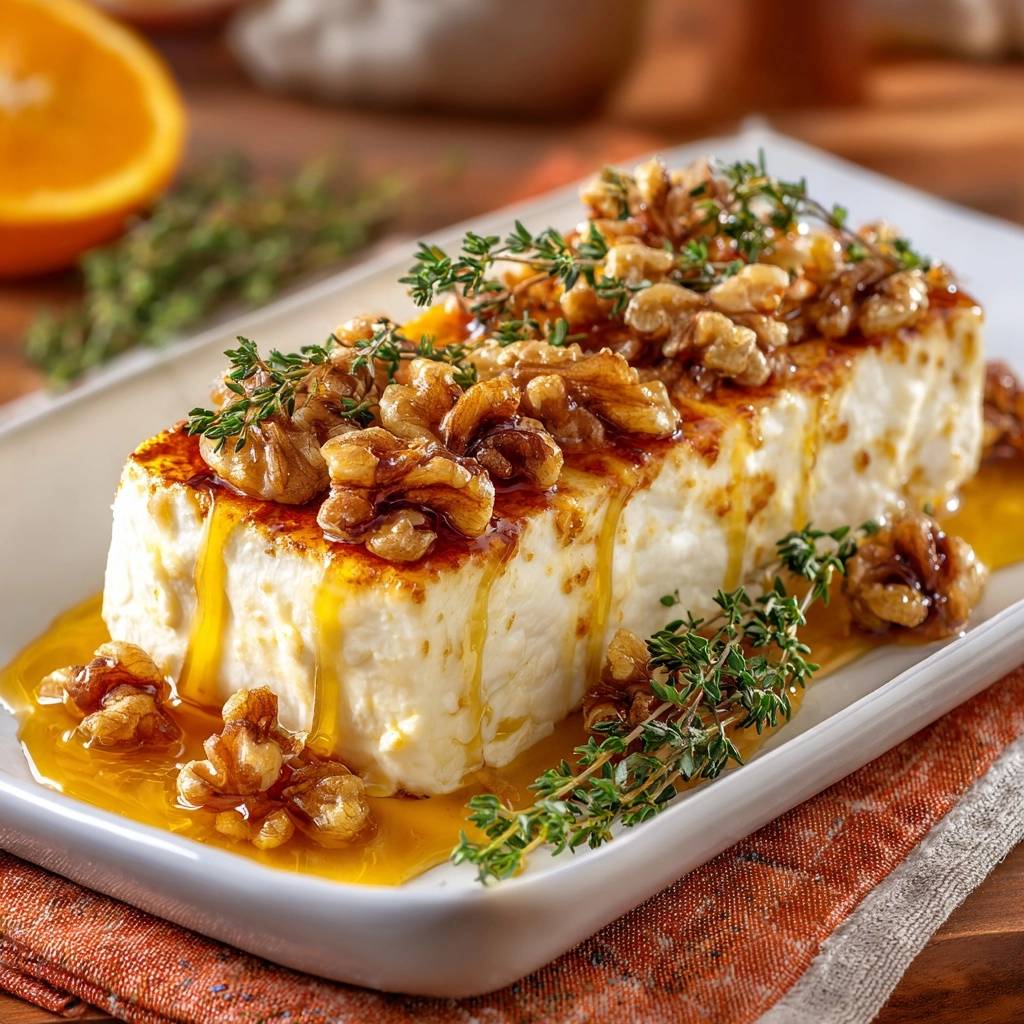 Gebratener Halloumi mit Honig, Walnüssen und Thymian, serviert auf einem weißen Teller mit Honig, der an den Seiten herunterläuft.