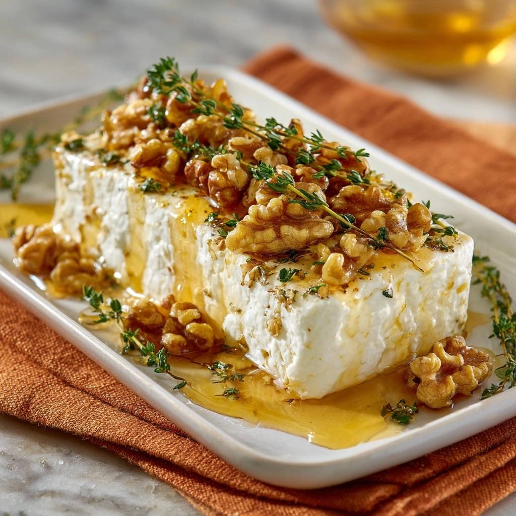 Gebratener Halloumi mit Honig, Walnüssen und Thymian, serviert auf einem weißen Teller, garniert mit frischem Thymian und Walnüssen. Das Gericht ist mit Honig beträufelt.