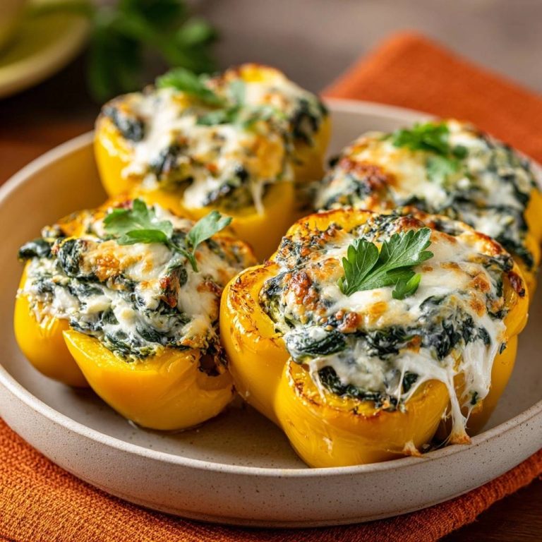 Gefüllte Paprika mit Spinat und Käse, vier gelbe Paprikaschoten, überbacken mit geschmolzenem Käse und garniert mit Petersilie.
