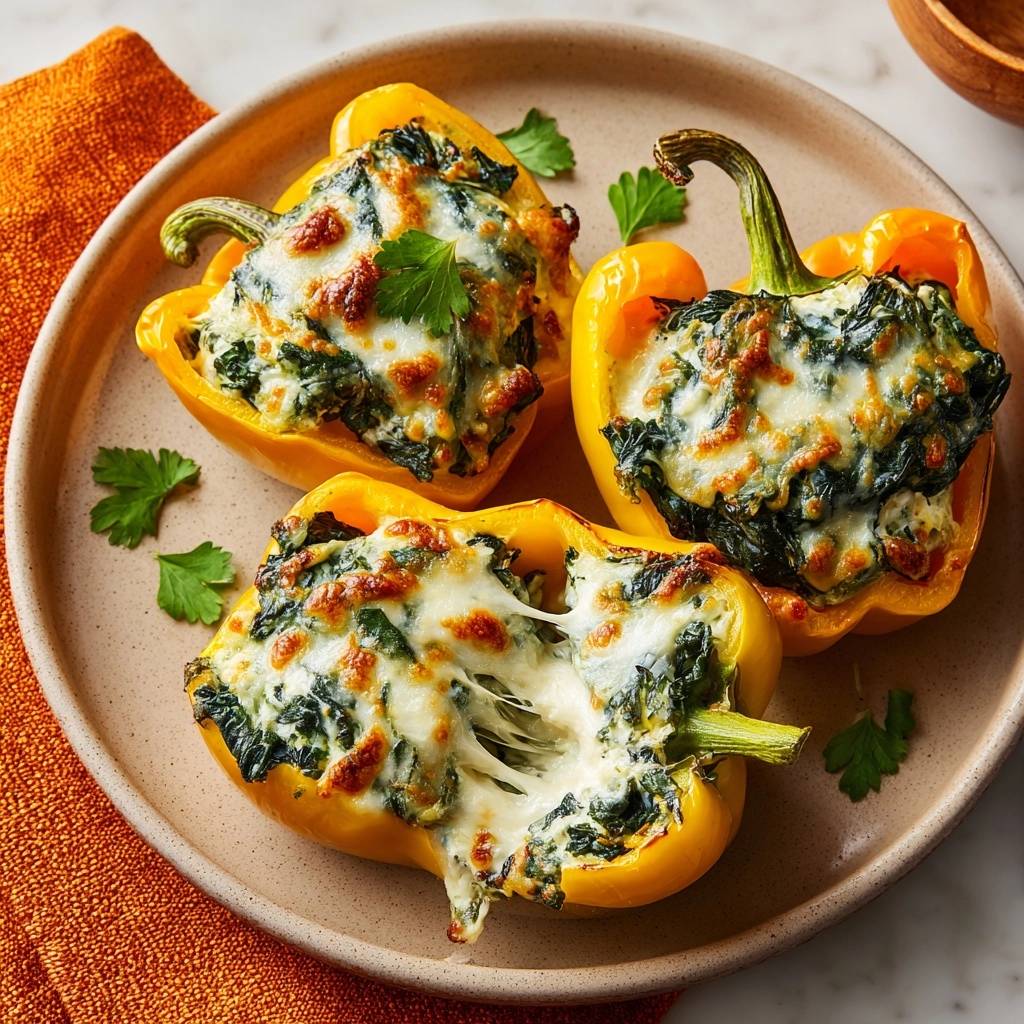Gefüllte Paprika mit Spinat und Käse im Querschnitt, mit geschmolzenem Käse und frischer Petersilie auf einem Teller serviert.