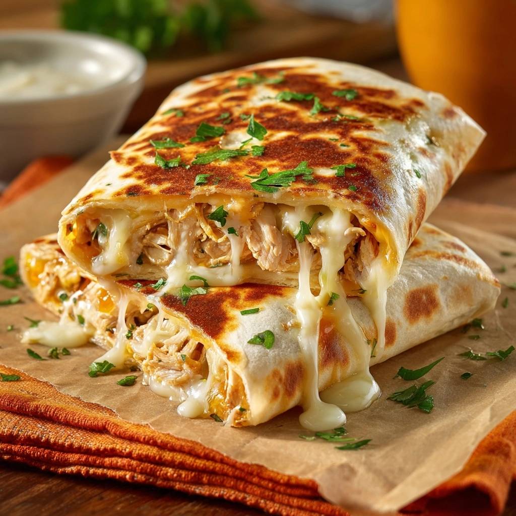 Gegrillte Hähnchen-Käse-Burritos in Nahaufnahme: Ein saftiger Querschnitt zeigt die geschmolzene Käsefüllung und das Hähnchenfleisch.