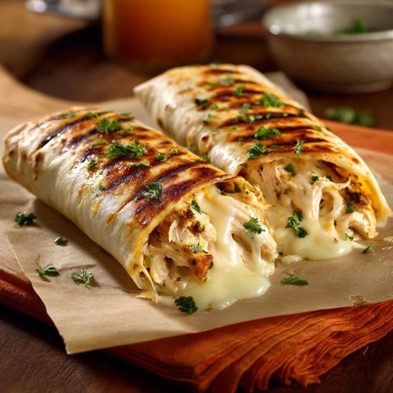 Gegrillte Hähnchen-Käse-Burritos in Nahaufnahme, mit einem Blick auf den geschmolzenen Käse und das saftige Hähnchenfleisch im Inneren.