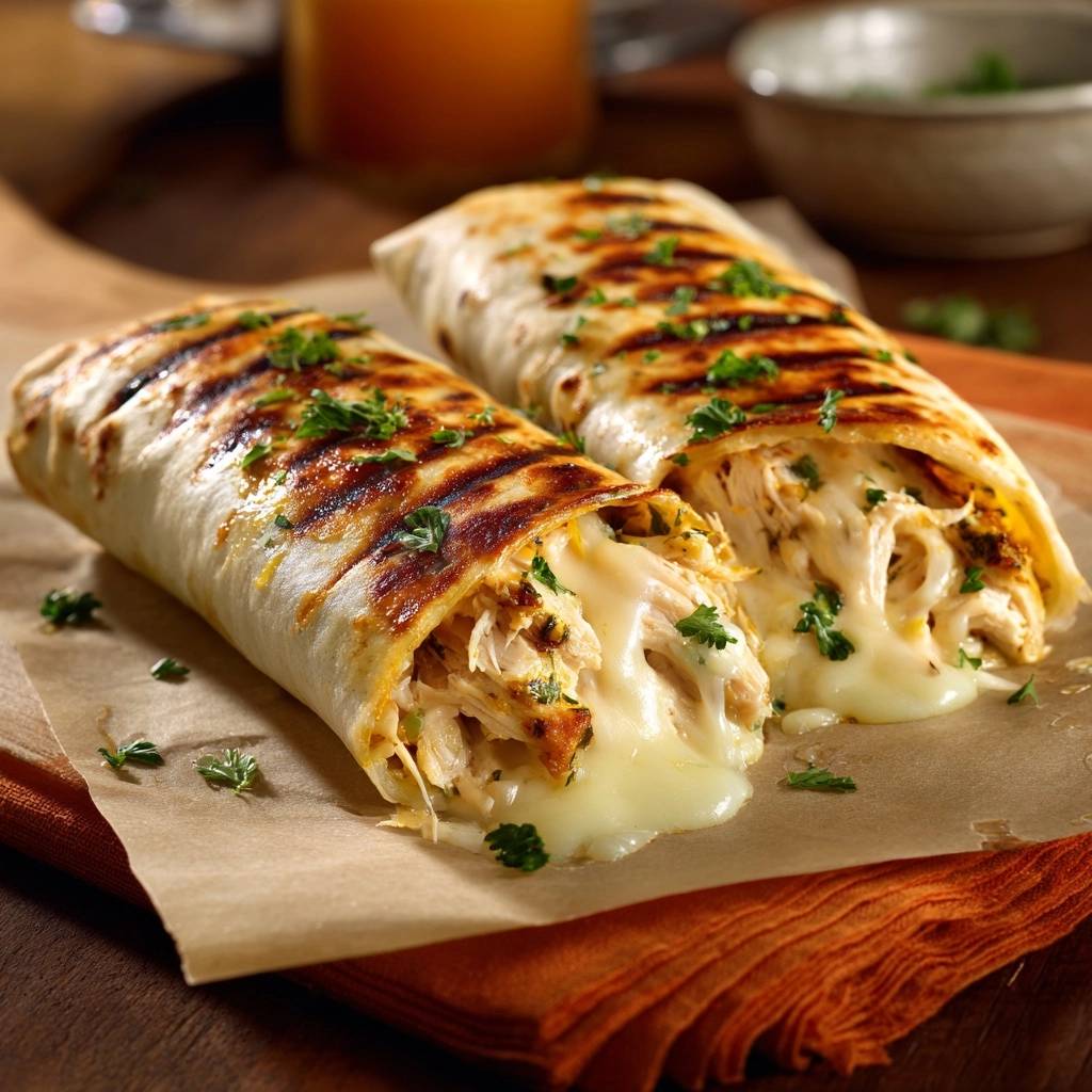 Gegrillte Hähnchen-Käse-Burritos in Nahaufnahme, mit einem Blick auf den geschmolzenen Käse und das saftige Hähnchenfleisch im Inneren.