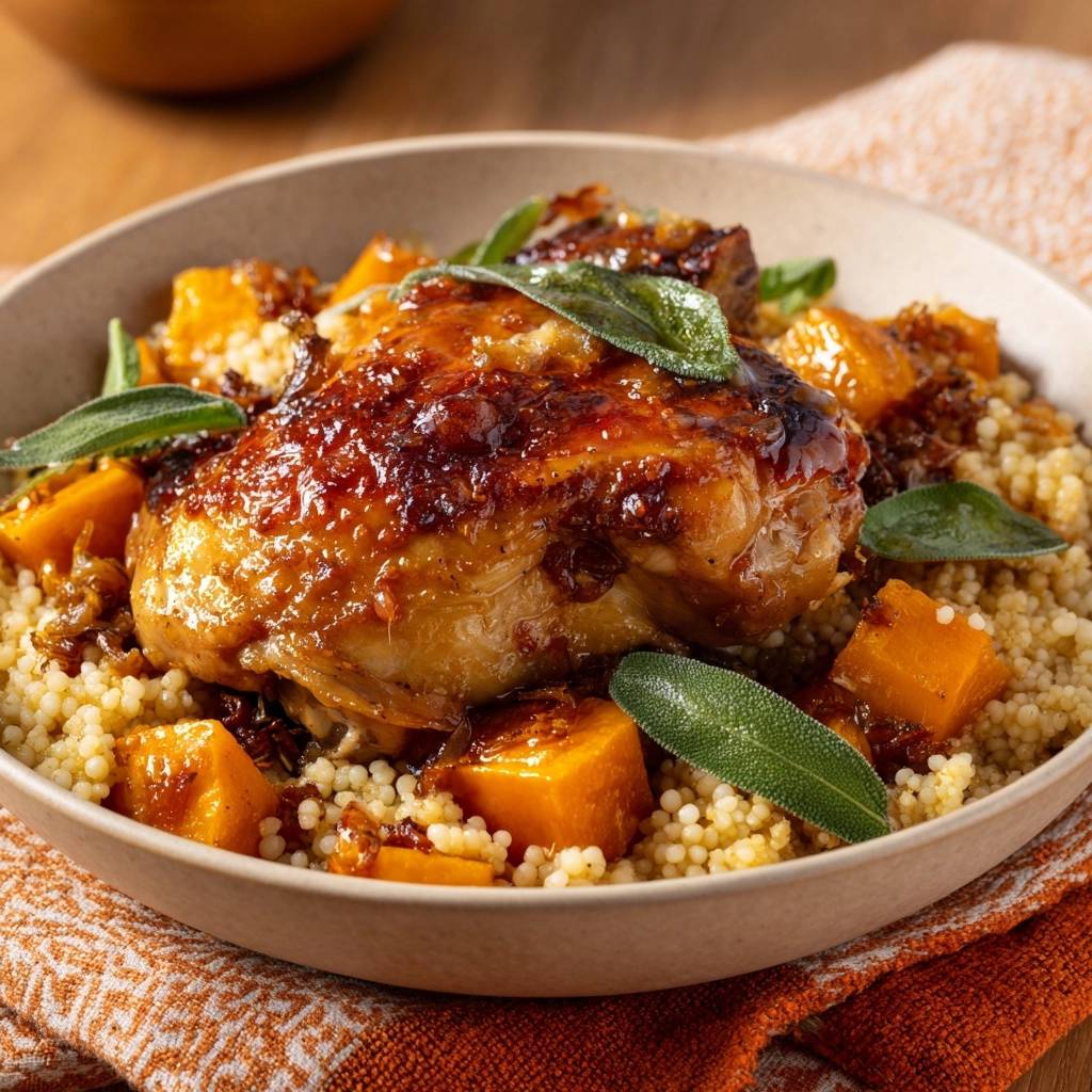 Glasierte Hähnchenschenkel mit Kürbis-Couscous serviert in einer Schüssel, mit knuspriger Haut und frischen Salbeiblättern garniert.
