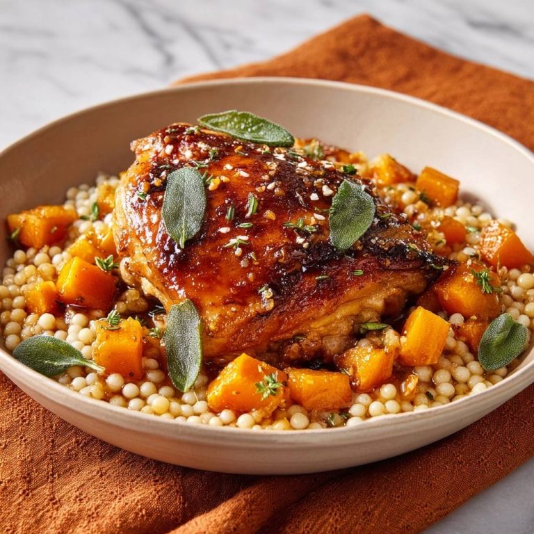Glasierte Hähnchenschenkel mit Kürbis-Couscous in einer Schüssel serviert, garniert mit Salbeiblättern und Thymian. Ein leckeres Gericht für jede Gelegenheit.