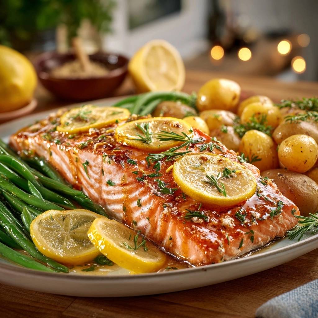 Glasierter Zitronen-Dill-Lachs, serviert mit Babykartoffeln und Bohnen, garniert mit Zitronenscheiben und Kräutern, draufsicht. Ein köstliches und farbenfrohes Essen.