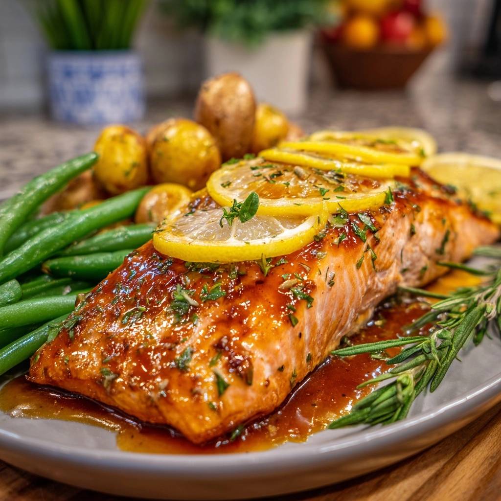 Glasierter Zitronen-Dill-Lachs mit Babykartoffeln und Bohnen serviert auf einem Teller, garniert mit frischen Zitronenscheiben und Kräutern.