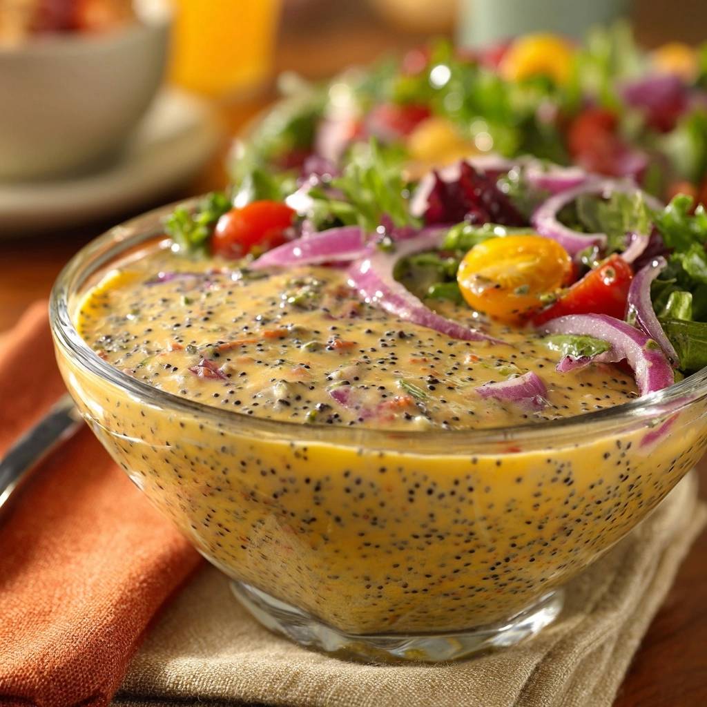 Goldenes Tahini Chia Dressing Nahaufnahme 1 Goldenes Tahini-Chia-Dressing – klumpenfrei & cremig in einer Schüssel aus Glas, mit frischem Gemüse garniert. Die cremige Textur zeigt die Chia-Samen.