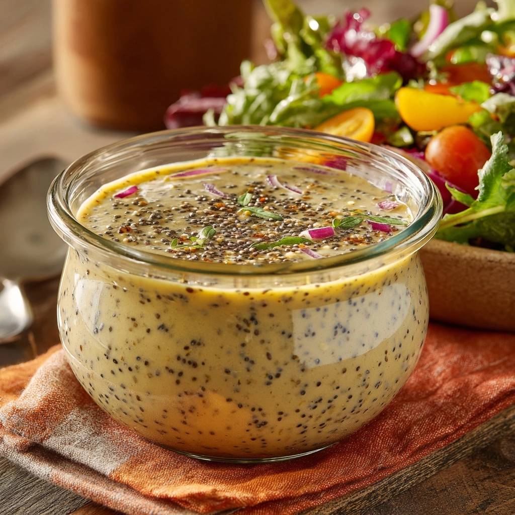 Goldenes Tahini-Chia-Dressing in einer Nahaufnahme, serviert in einem Glas, mit frischen Kräutern und roten Zwiebeln garniert.