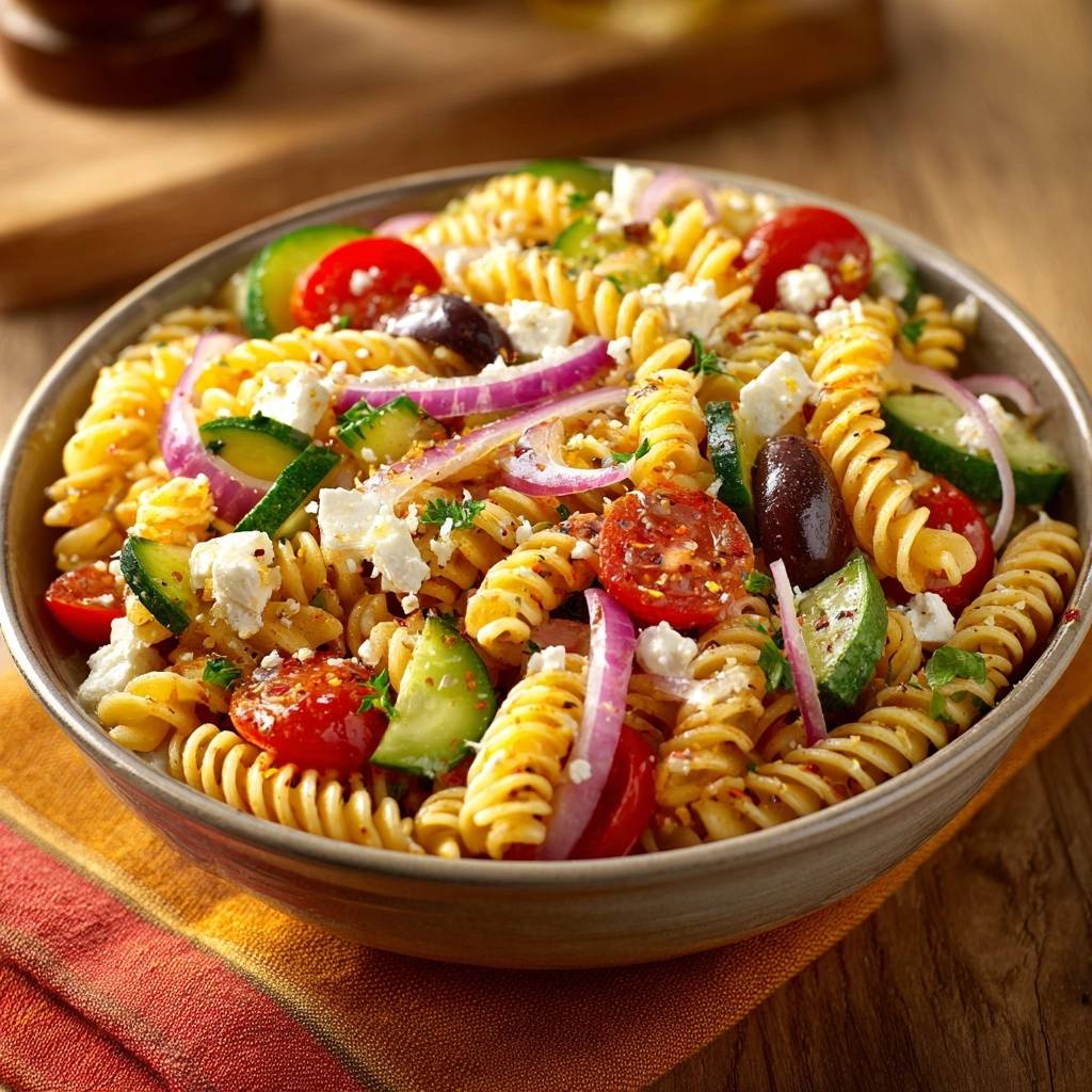 Griechischer Fusilli-Salat, serviert in einer rustikalen Schüssel, mit Tomaten, Gurken, roten Zwiebeln, Oliven und Feta-Käse garniert.