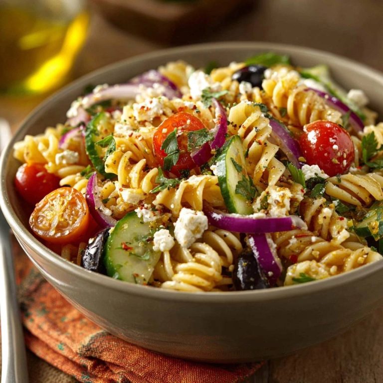 Griechischer Fusilli-Salat mit frischen Tomaten, Gurken, Oliven und Feta-Käse, serviert in einer rustikalen Schüssel.