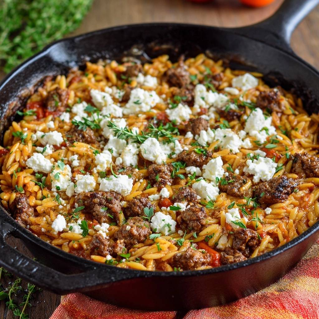 Griechischer Tomatenreis mit Fleischbällchen und Feta, serviert in einer gusseisernen Pfanne, garniert mit frischen Kräutern und cremigen Feta-Stückchen.