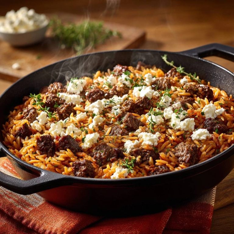 Griechischer Tomatenreis mit Fleischbällchen und Feta in einer gusseisernen Pfanne, garniert mit frischem Thymian und cremigem Feta-Käse.