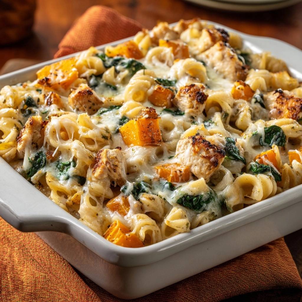 Haehnchen Kuerbis Spinat Pasta Auflauf Draufsicht 1 Hähnchen-Kürbis-Spinat-Pasta-Auflauf in einer Auflaufform, von oben betrachtet, mit geschmolzenem Käse und gebratenem Hähnchen.