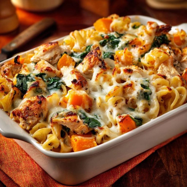 Hähnchen-Kürbis-Spinat-Pasta-Auflauf als Nahaufnahme mit geschmolzenem Käse und gebratenen Hähnchenstücken.