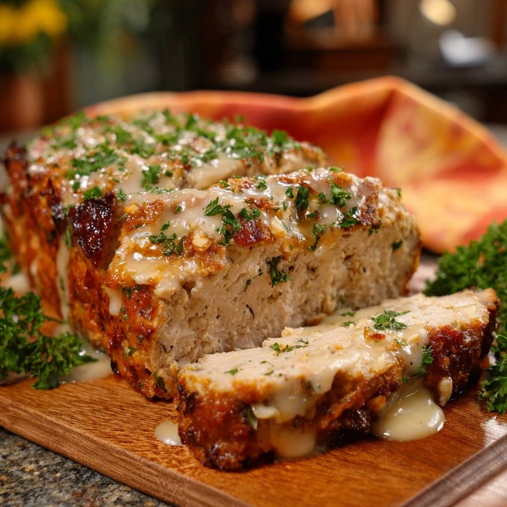 Saftiger Hähnchen-Meatloaf mit Käse-Glazur, angeschnitten mit geschmolzener Glasur und Petersilie garniert.