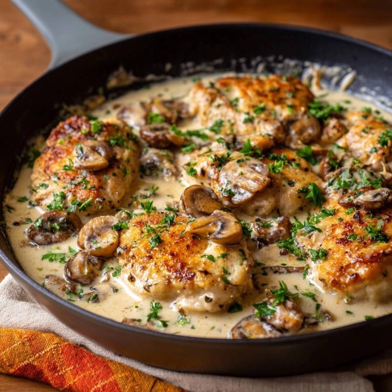 Saftiges Hähnchen in cremiger Pilzrahmsauce, in einer Pfanne mit frischer Petersilie und Champignons garniert, Nahaufnahme.