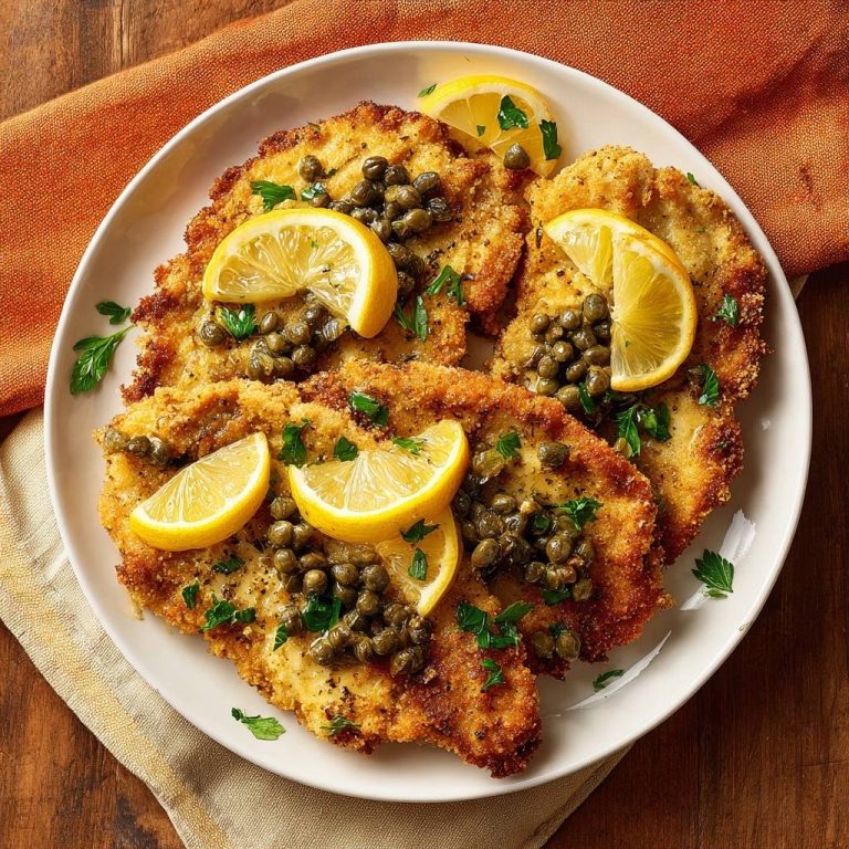 Knuspriges Hähnchenschnitzel mit Kapern-Zitrone, garniert mit frischer Petersilie und Zitronenspalten, auf einem Teller serviert.