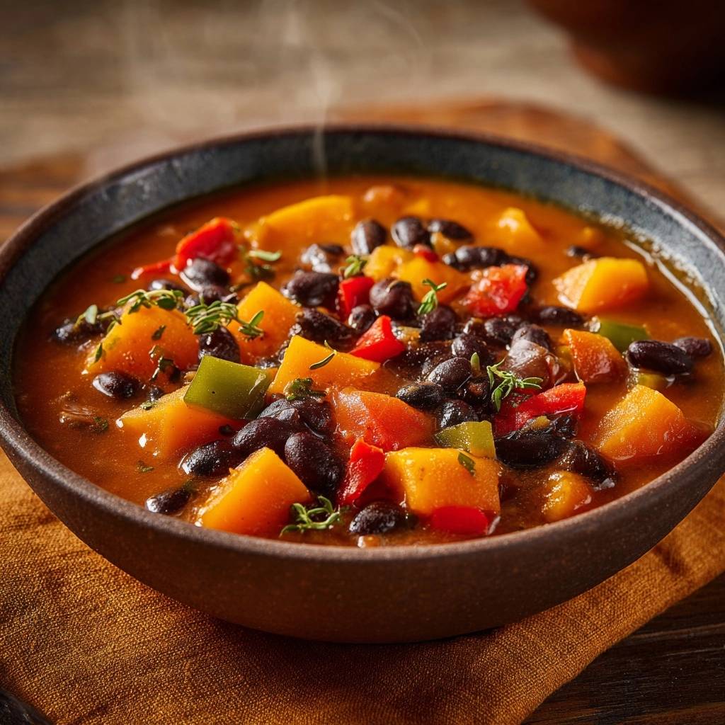 Herbstlicher Kuerbis Bohnen Eintopf Heisser Dampf 1 Herbstlicher Kürbis-Bohnen-Eintopf mit heißem Dampf, der aus der Schüssel aufsteigt, mit sichtbaren Kürbiswürfeln und schwarzen Bohnen.