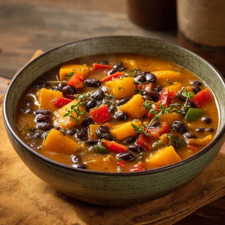 Herbstlicher Kürbis-Bohnen-Eintopf mit frischen Kräutern und buntem Gemüse, nahaufnahme in einer Schüssel