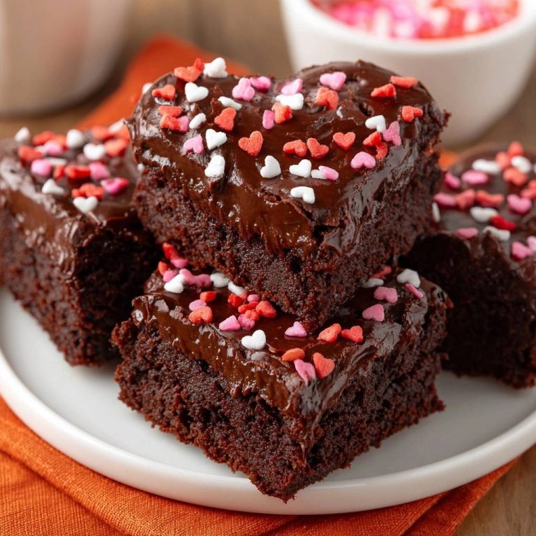 Herzige Schoko-Brownies, garniert mit bunten Streuseln in Herzform, serviert auf einem weißen Teller. Diese köstlichen Brownies sind perfekt für Verliebte.