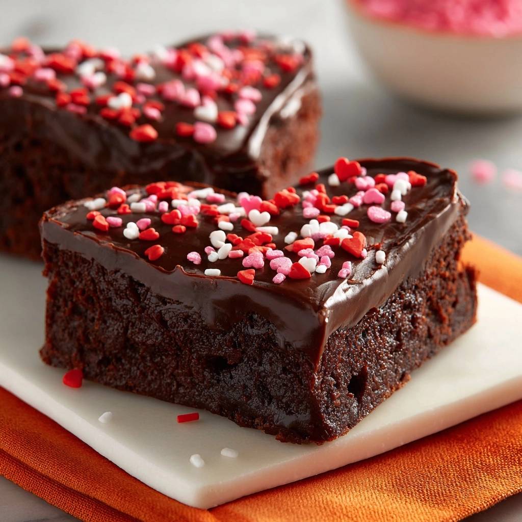 Herzige Schoko Brownies Nahaufnahme Garniert 1 Herzige Schoko-Brownies sind liebevoll mit Schokoladenglasur und bunten Streuseln garniert. Dieser Nahaufnahme zeigt die saftige Textur der Brownies.