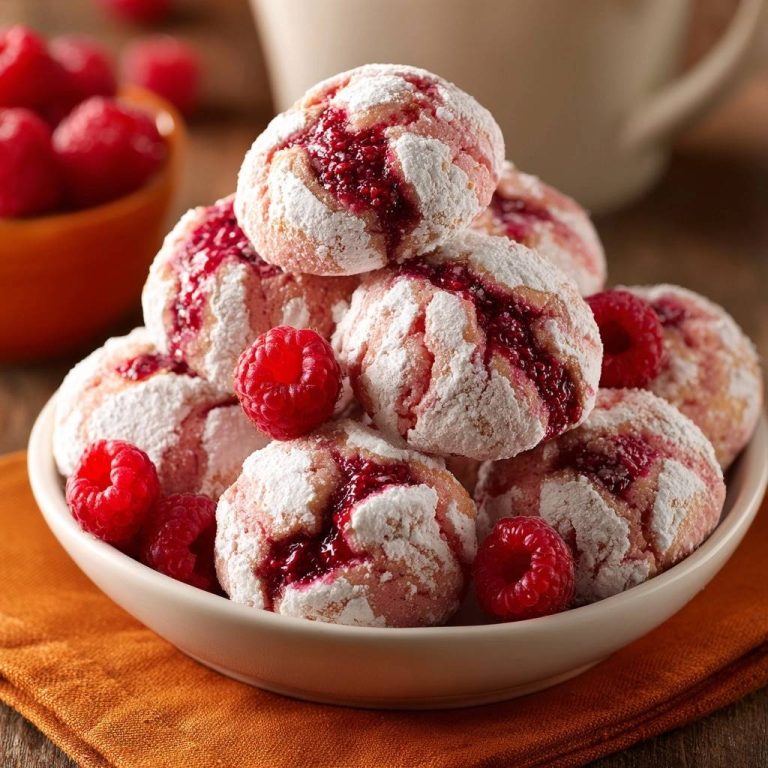 Himbeer-Schneekekse in Nahaufnahme drapiert, mit Puderzucker bestäubt und frischen Himbeeren dekoriert, serviert in einer Schale.