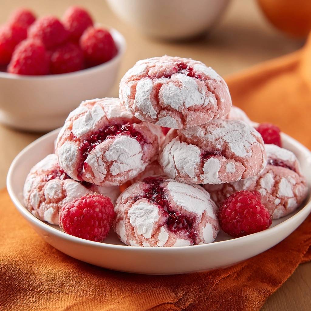 Himbeer-Schneekekse in Nahaufnahme serviert, mit Puderzucker bestäubt und frischen Himbeeren dekoriert, ein süßer Genuss.