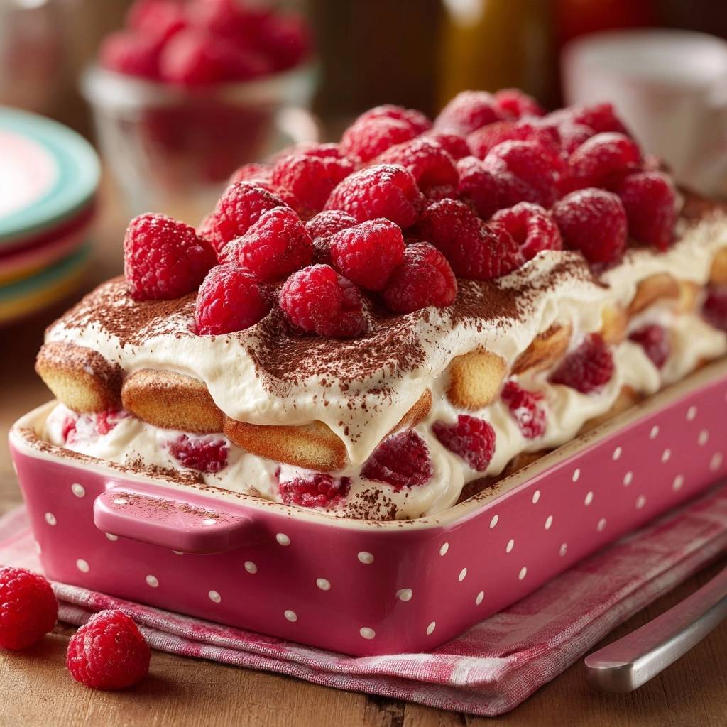 Himbeer-Tiramisu im Detail, mit frischen Himbeeren und einer cremigen Schicht, serviert in einer rosa Backform.
