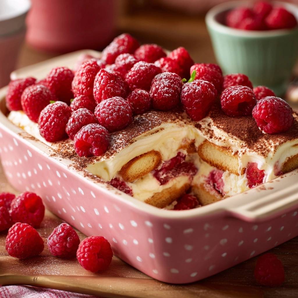 Himbeer-Tiramisu mit einem Anschnitt, der die cremigen Schichten und frischen Himbeeren zeigt. Ein köstliches Dessert mit Löffelbiskuits.