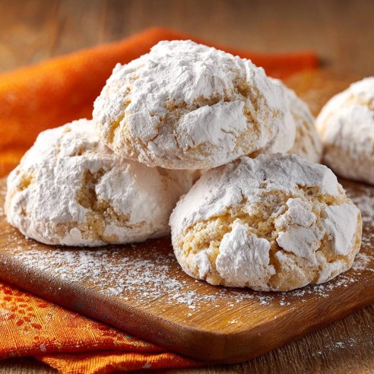 Himmlische Schneebällchen in Nahaufnahme: Die köstlichen, mit Puderzucker bedeckten Kekse liegen auf einem rustikalen Holzbrett.