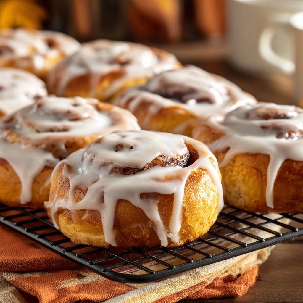 Himmlische Zimtschnecken, frisch gebacken und mit Glasur überzogen, kühlen auf einem Drahtgitter ab, bereit zum Genuss.