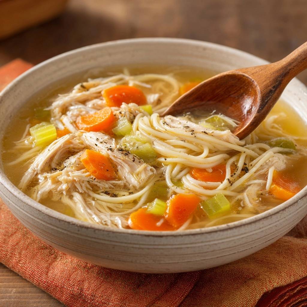 Huener Nudel Suppe Nahaufnahme Mit Loeffel 1 Hühner-Nudel-Suppe in einer Nahaufnahme, die eine köstliche Schüssel mit Hühnchen, Gemüse und Nudeln zeigt, die von einem Holzlöffel serviert wird.