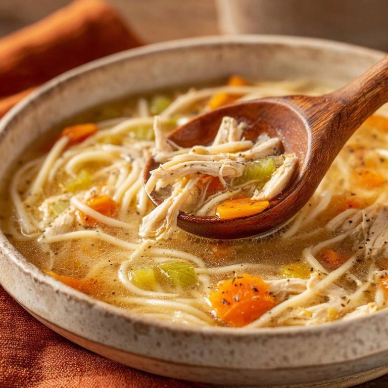 Hühner-Nudel-Suppe in einer Nahaufnahme, die gebratene Hühnchenstücke und Nudeln auf einem Holzlöffel zeigt.