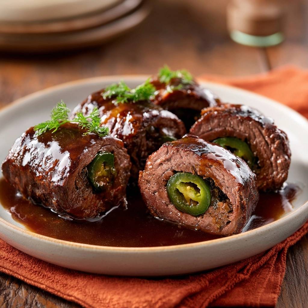Jalapeno Rindfleischrollchen Querschnitt 1 Jalapeño-Rindfleischröllchen in Glanzsauce zeigen hier einen Nahaufnahme-Querschnitt, der die saftige Füllung mit Jalapeño-Scheiben offenbart.