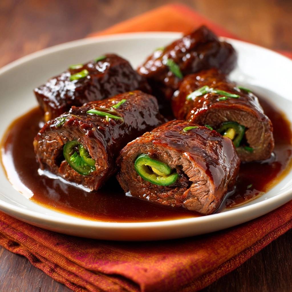 Jalapeño-Rindfleischröllchen in Glanzsauce zeigen hier ihren saftigen Querschnitt, gefüllt mit frischen Jalapeños, serviert auf einem weißen Teller.