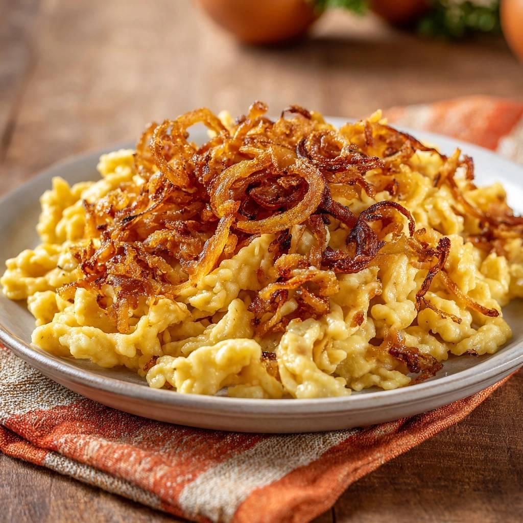 Käsespätzle mit knusprigen Röstzwiebeln, serviert auf einem Teller, mit goldbraunen Zwiebeln bedeckt und von oben fotografiert.
