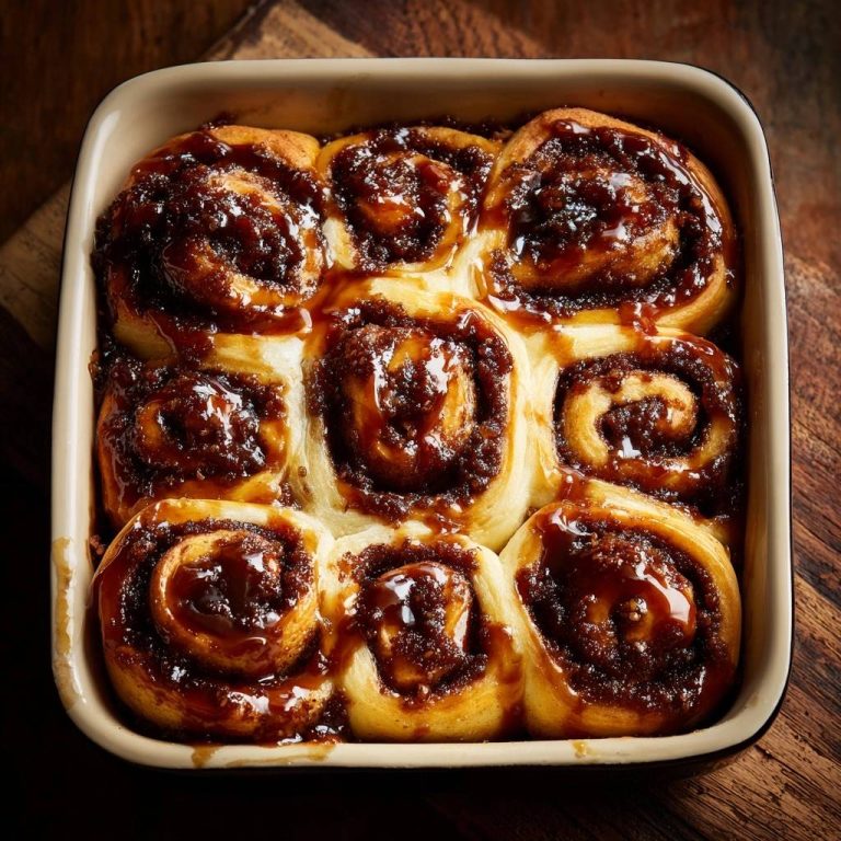 Karamell-Zimtschnecken, frisch gebacken und mit einer reichhaltigen Karamellglasur überzogen, präsentieren sich in einer köstlichen Draufsicht.