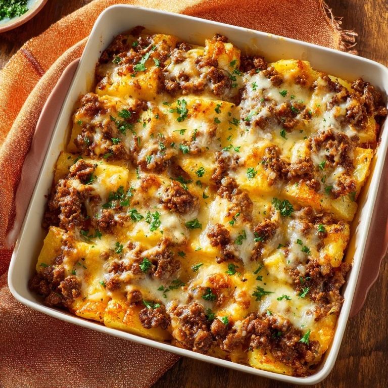 Kartoffel-Hackfleisch-Auflauf von oben betrachtet, geschmolzener Käse und Hackfleisch bedecken die knusprigen Kartoffeln.