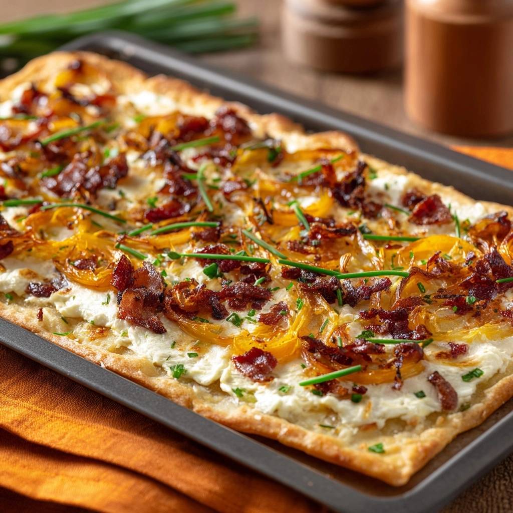 Kartoffel Speck Zwiebel Blech Draufsicht Serviert 1 Kartoffel-Speck-Zwiebel-Blech, serviert auf einem Blech. Dieser herzhafte Flammkuchen ist mit Zwiebeln, Speck und frischen Kräutern belegt.